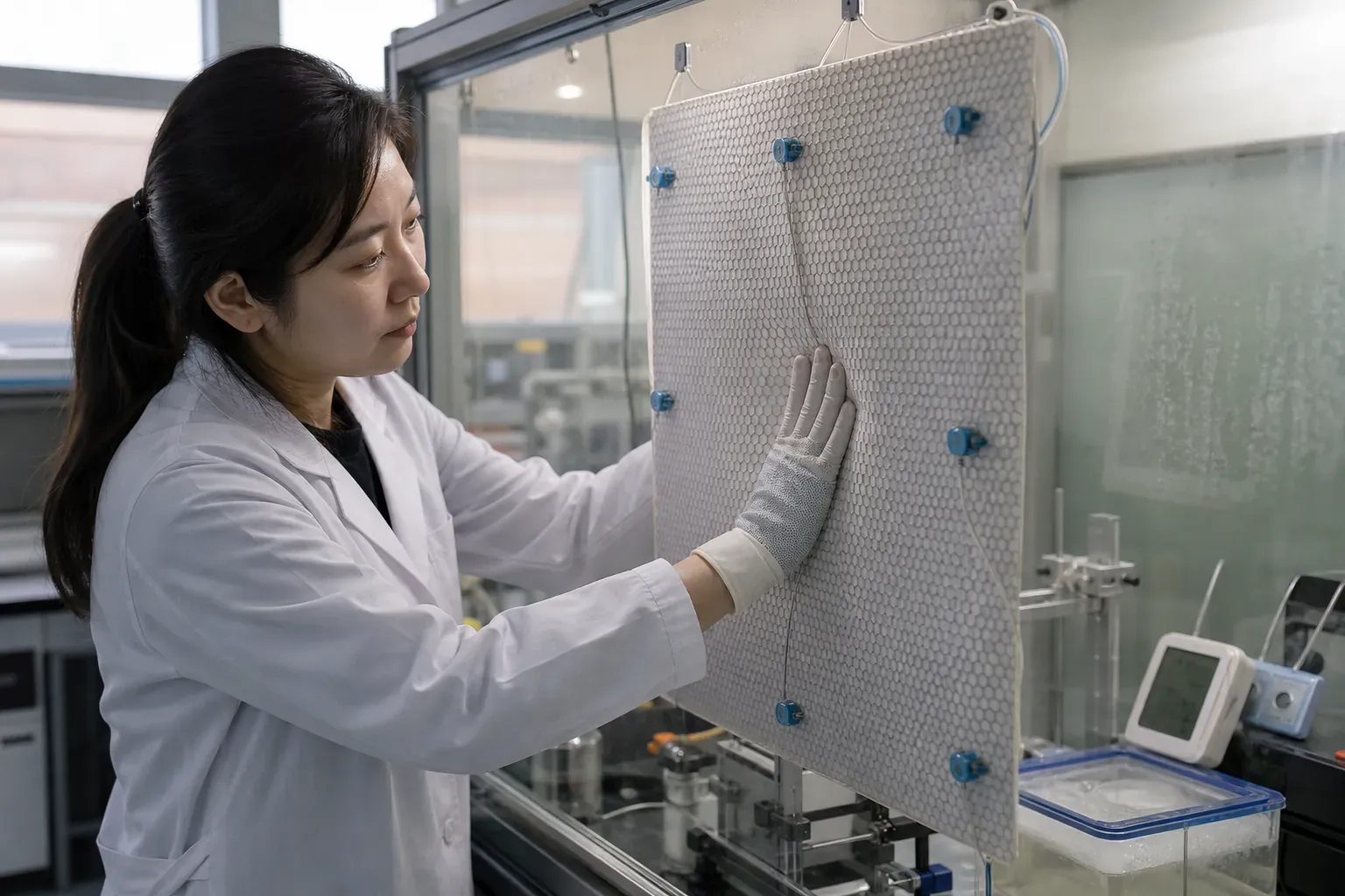 KAIST 실증 책임자 도재혁 박사가 촉각 장갑을 낀 손가락으로 물 하이드로겔과 BNNT를 층상 인쇄한 차폐 패널 표면을 눌러 변형을 확인하는 장면. 투명 격리창 너머에는 센서가 부착된 시험편과 수분 측정 장비가 놓여 있고 패널 표면의 미세 격자와 푸른 표시등이 선명하게 보인다.
