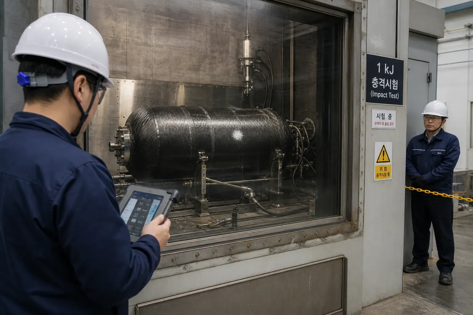 1kJ 충격체 시험 직후 격리 구역 안의 검은색 수소 복합탱크 표면에 작은 백화 흔적이 남아 있고 관람창 밖의 엔지니어가 태블릿으로 충격 위치와 압력 상태를 확인하는 순간