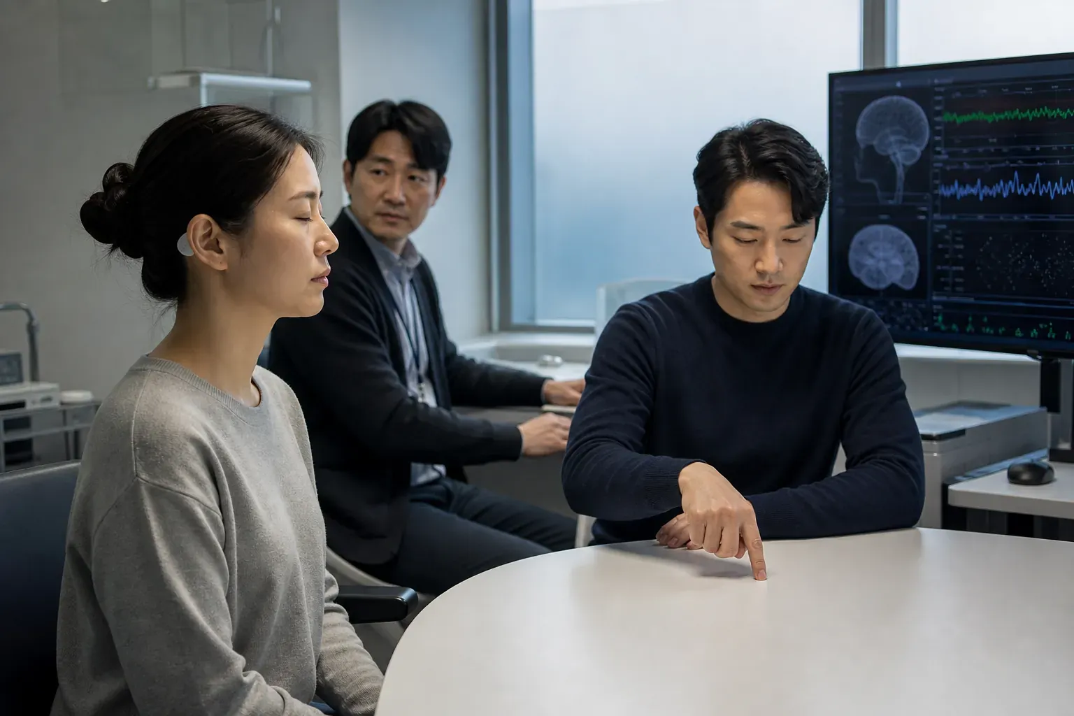 신경언어공학 연구원이 실험 중인 고은채의 상태를 확인하는 동안 고은채는 눈을 감고 재난 대응 개념을 떠올리고 있으며 맞은편 임진우는 화면을 보지 않은 채 오른손 검지를 테이블 위에서 두 번 움직이고 있다. 두 참가자의 피부 위 릴레이 패치와 실시간 지연 시간 및 개념 일치율을 표시하는 모니터가 함께 보인다.