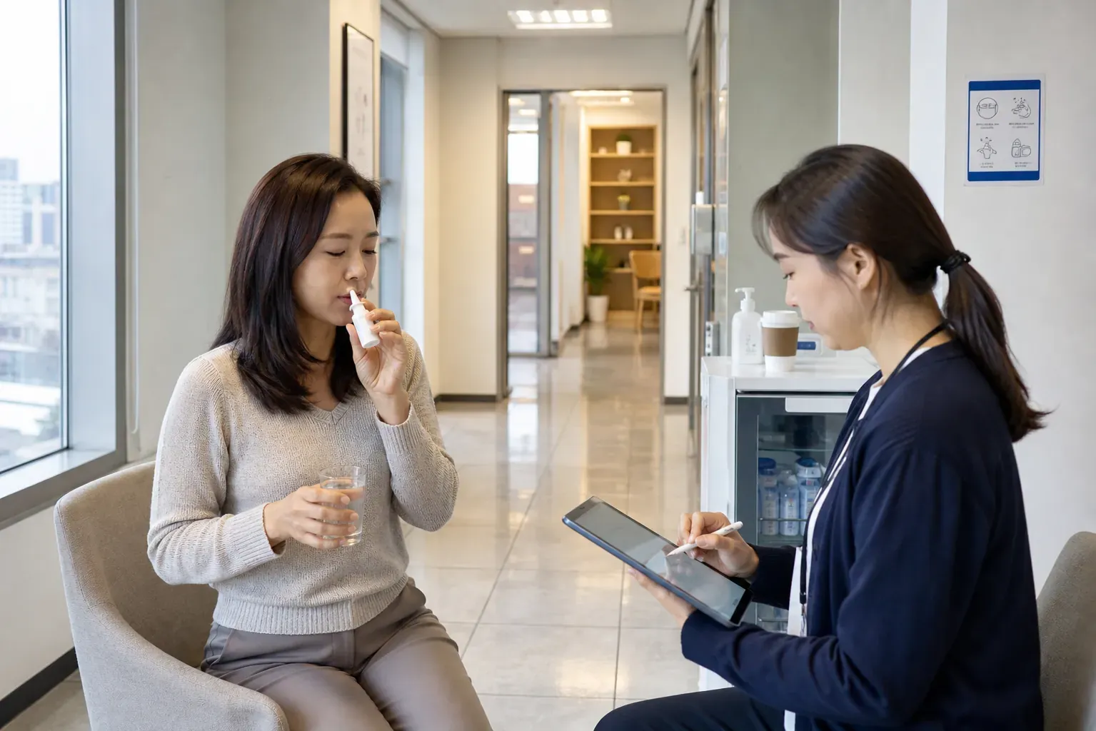 서울 마포구 언어 바이오학습센터의 복도에서 류시은이 비강 분무기를 사용한 직후 물을 마시고 있으며 직원이 태블릿에 투여 시각을 기록하는 현실적인 장면