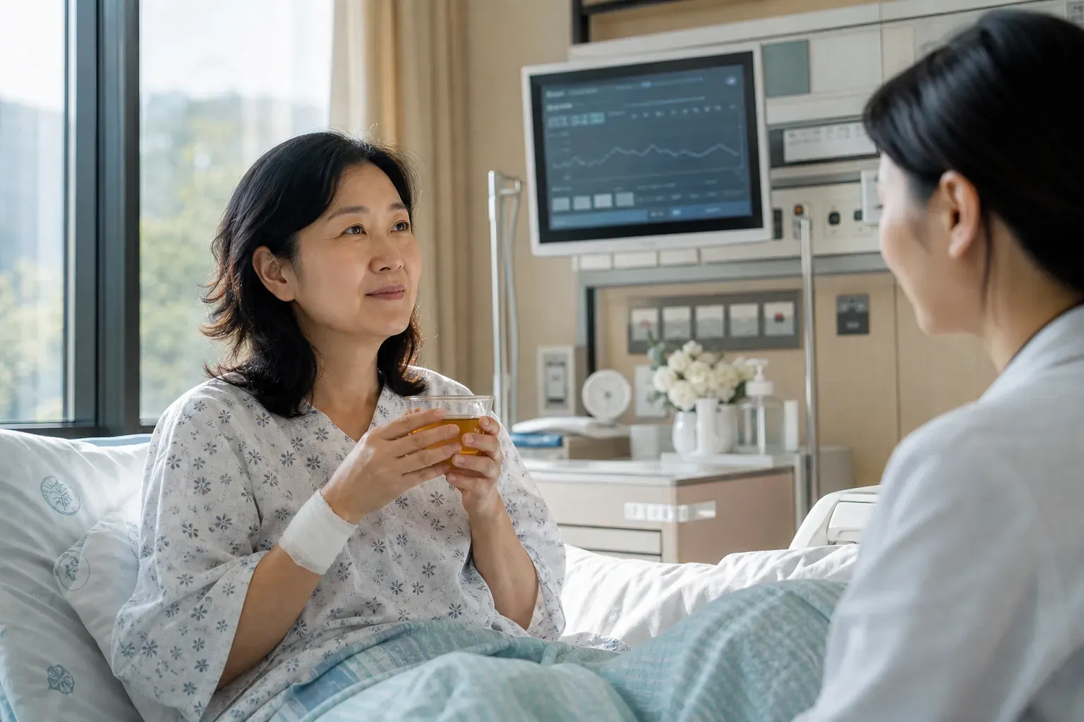 시술 다음 날 병실 창가에서 52세 한국인 여성이 따뜻한 보리차 컵을 두 손으로 감싸고 있고 옆 모니터에는 안정적인 혈관 추적 영상이 표시된 회복 장면