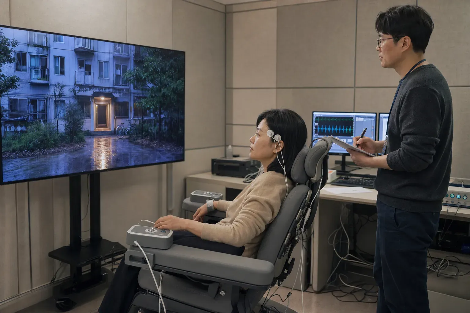 임상 검증실에서 43세 여성 참가자 송가은이 관자놀이의 얇은 EEG 패치와 손목 맥박 센서를 착용한 채 디지털 트윈 속 오래된 현관 장면을 바라보고 있으며 옆의 연구원이 실제 반응을 관찰하고 있다.