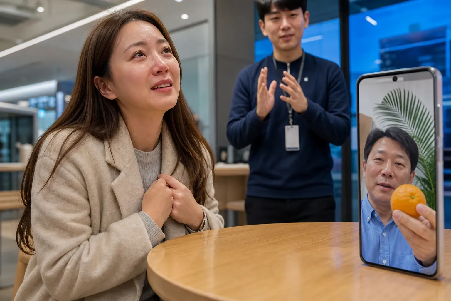 판교 체험매장에서 하유림 씨가 스마트폰 앞에 재구성된 아버지의 3D 영상통화를 바라보는 동안 홀로그램 속 남성이 귤을 카메라 가까이 들어 올리고 테이블 위 나뭇결과 영상의 깊이감이 함께 보이는 순간