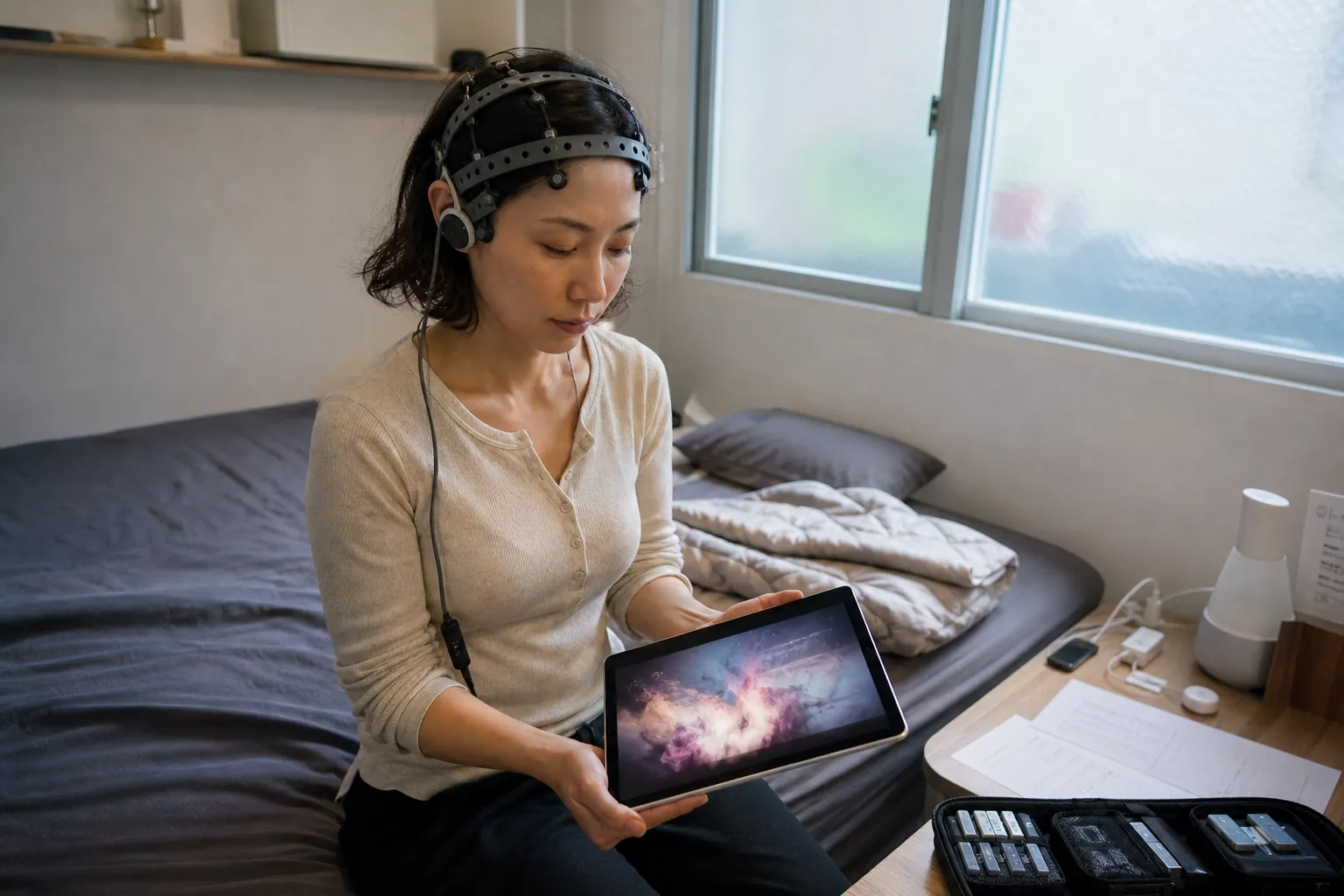 2029년 서울 성수동의 꿈기록 스튜디오에서 34세 여성 조서현이 96개 건식 EEG 전극이 내장된 얇은 회색 헤어밴드를 착용한 채 침대 옆 태블릿으로 밤새 재구성된 꿈 영상을 확인하는 장면