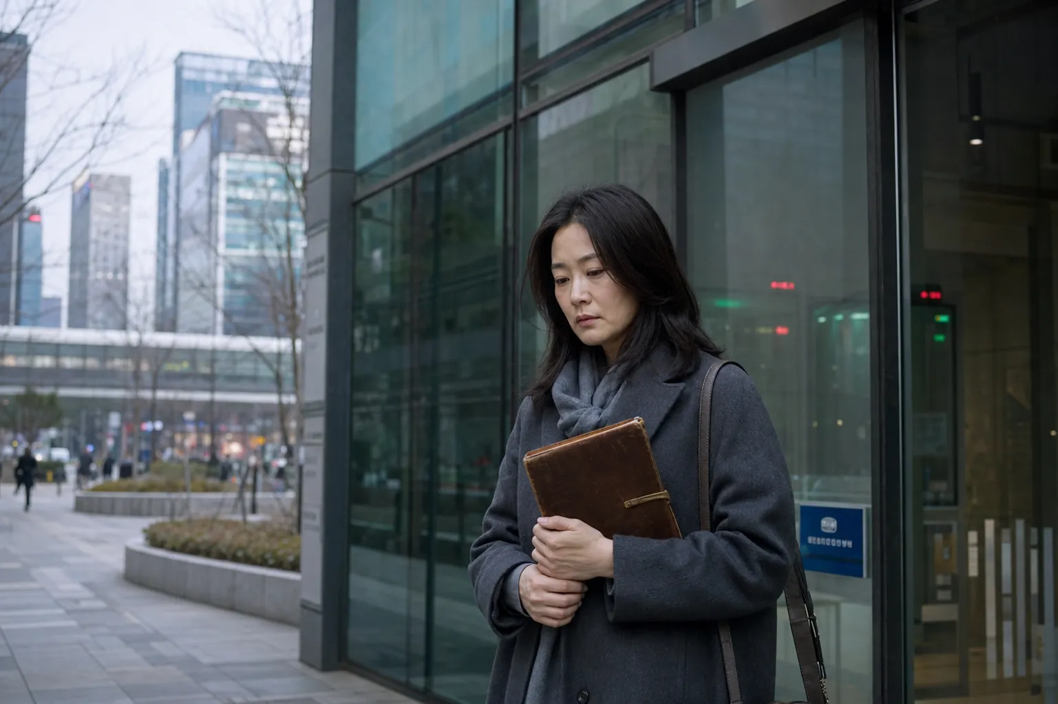 2040년 서울 마곡 디지털유산심판원 앞 유리 외벽에 비친 청색 기관 표지와 내부 대기실의 흐릿한 상태 표시 화면을 바라보며 낡은 가죽 수첩을 두 손으로 들고 서 있는 구하영의 뒷모습을 담은 현실적인 다큐멘터리 사진
