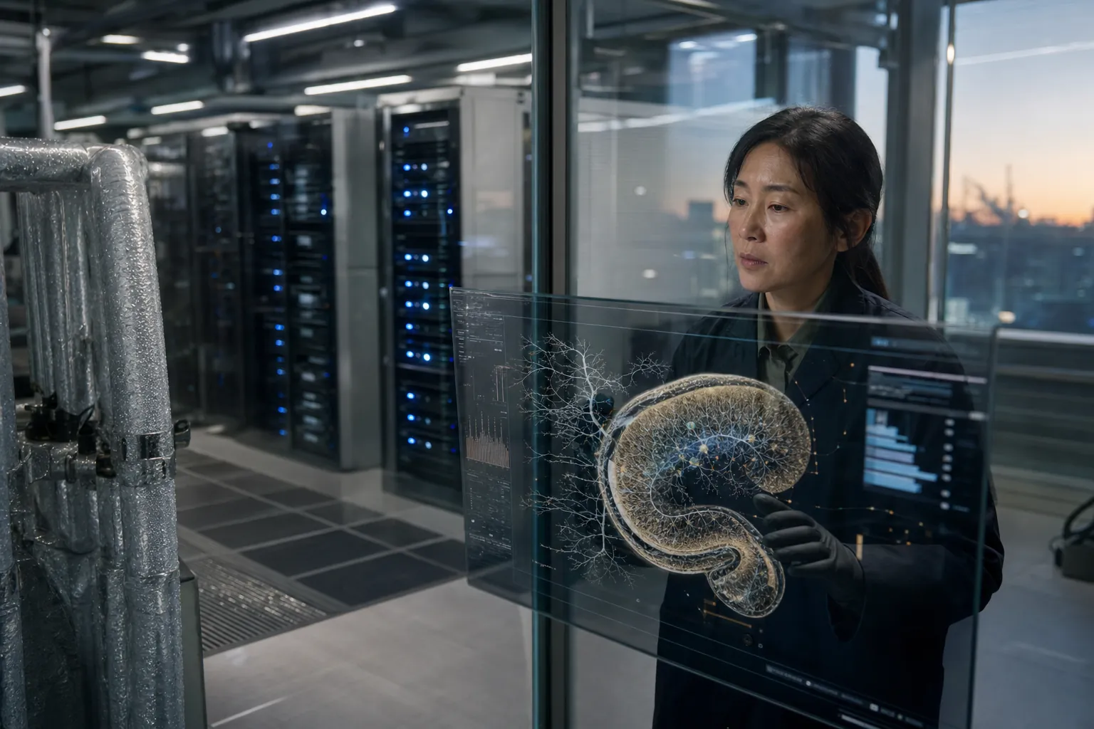 2040년 대전 KAIST 뇌인지과학동 지하 2층의 유리벽 서버실에서 검은 장갑을 낀 연구원이 인간 디지털 브레인의 해마 회로를 투명 디스플레이로 살펴보는 장면, 푸른 광자 인터커넥트 서버와 냉각수 배관의 결로가 실제 실험실의 질감과 함께 보인다.