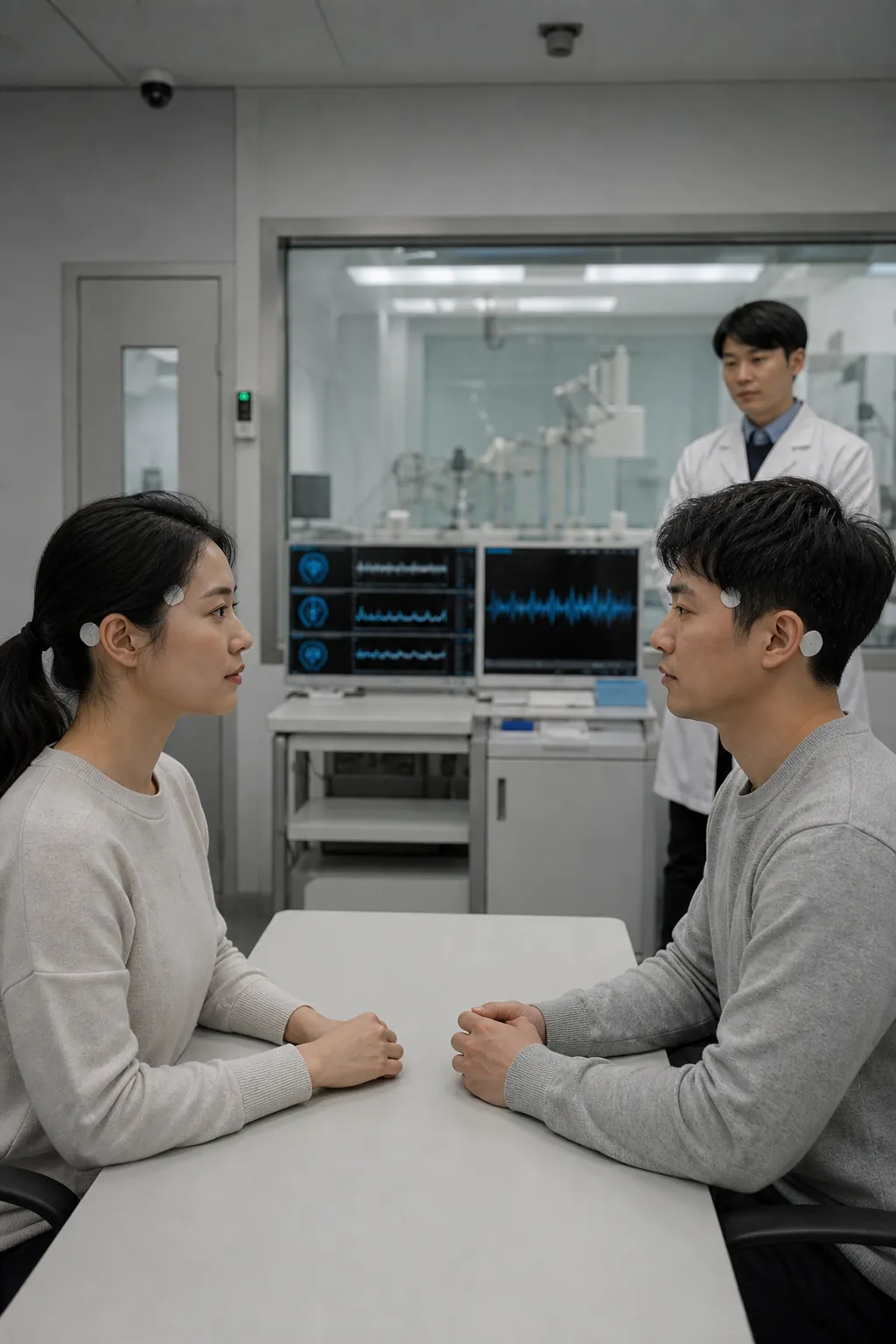 2040년 서울 마곡의 지하 신경인터페이스 임상검증센터에서 고은채와 임진우가 서로 마주 앉아 무선 뇌-기계-뇌 통신 실험을 진행하는 장면. 두 사람의 머리에는 선이 연결되어 있지 않고 귀 뒤와 관자놀이 주변 피부 위에 작은 릴레이 패치가 부착되어 있으며 뒤쪽의 연구원과 청색 통신 상태 표시가 켜진 의료 모니터가 보인다.